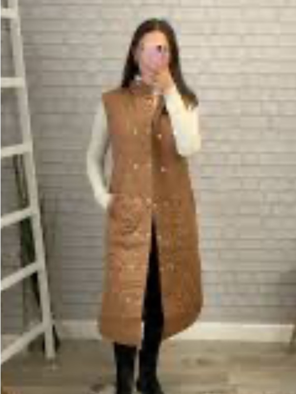 ICHI Annie Sleeveless Longline Quilted Padded Vest Gilet – Tan/Rust